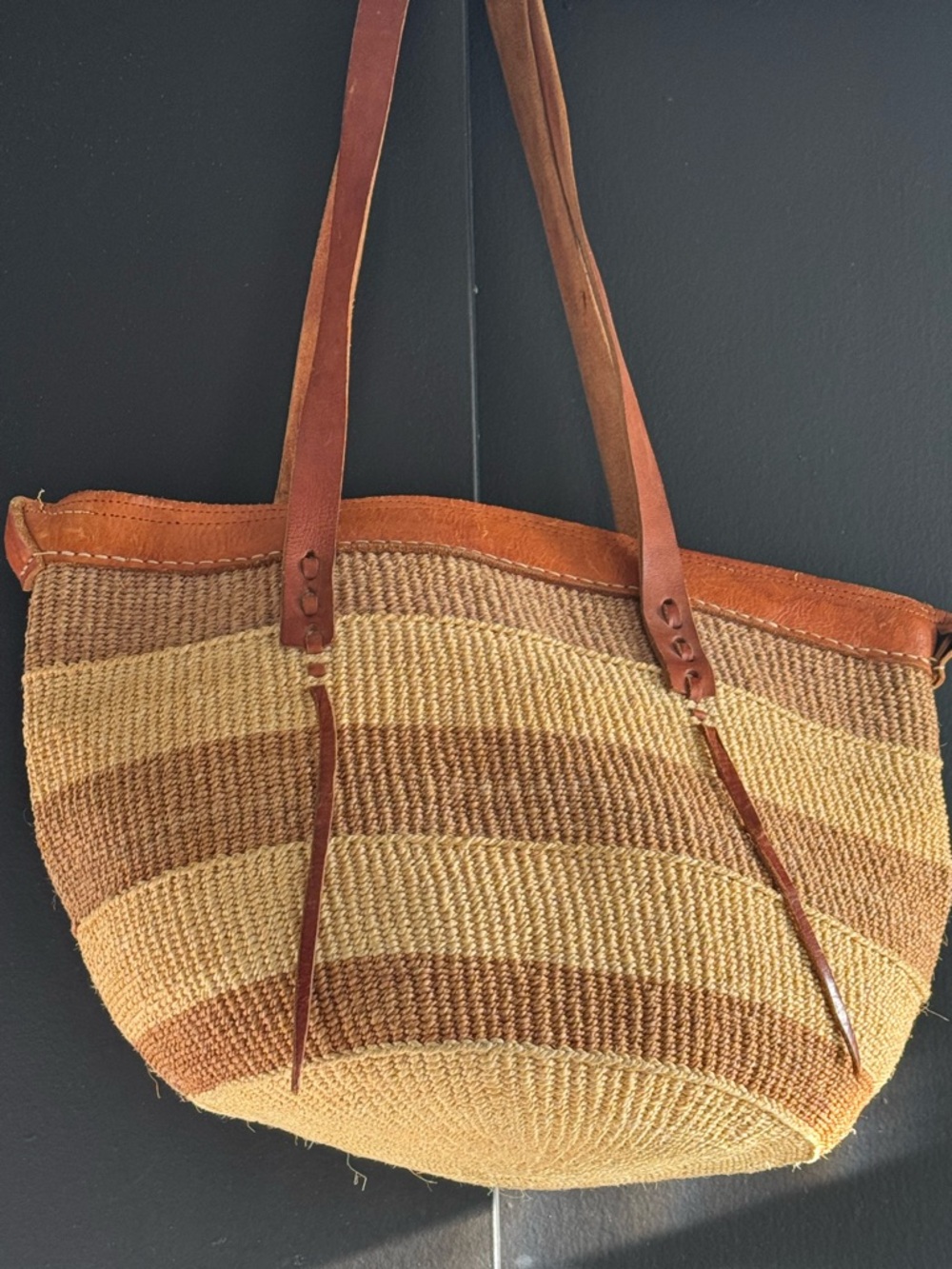 Striped Woven Tote Bag with Brown Leather Straps